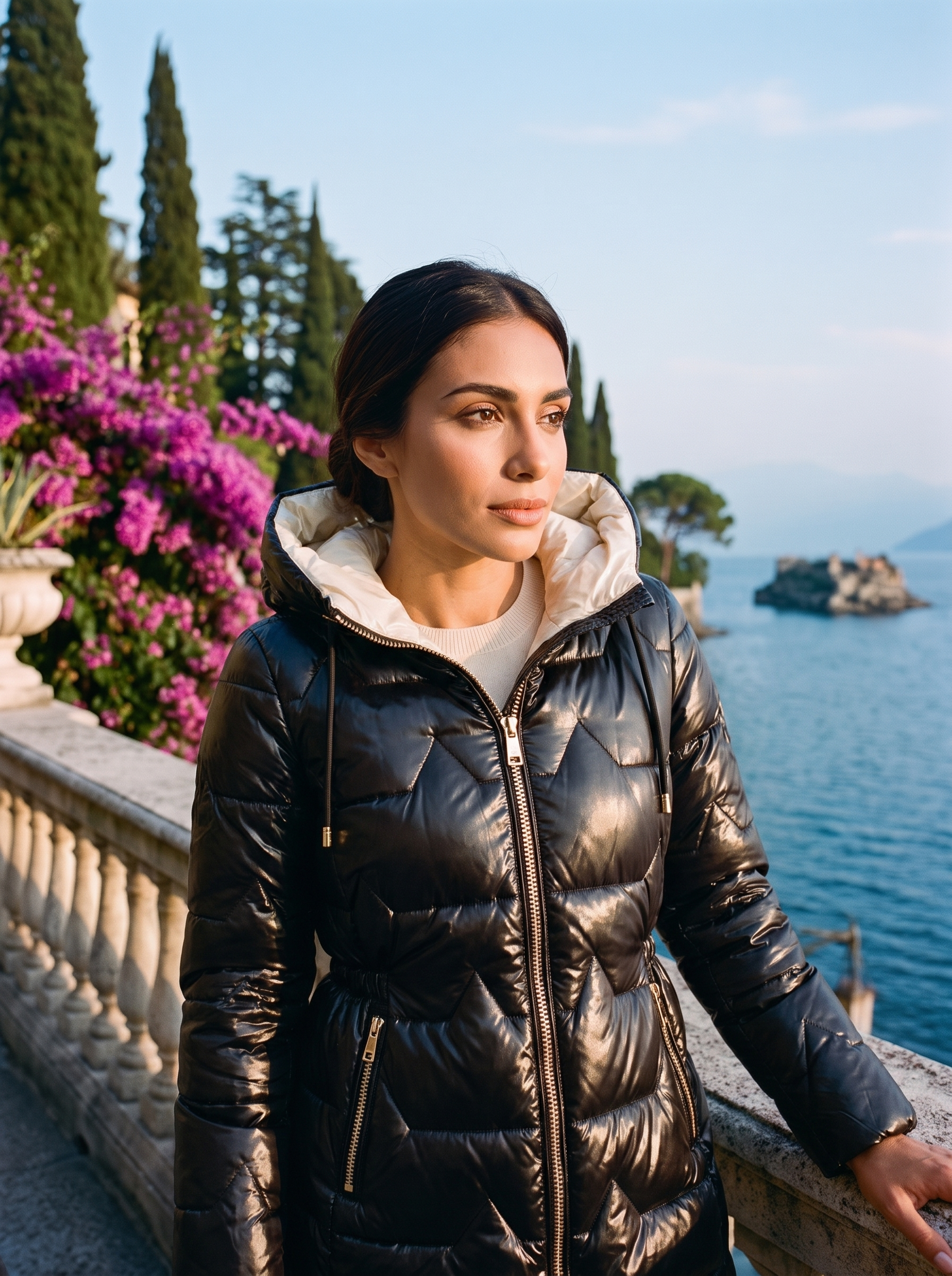 Woman wearing a glossy black quilted puffer coat on a Lake Como terrace — Aveloire