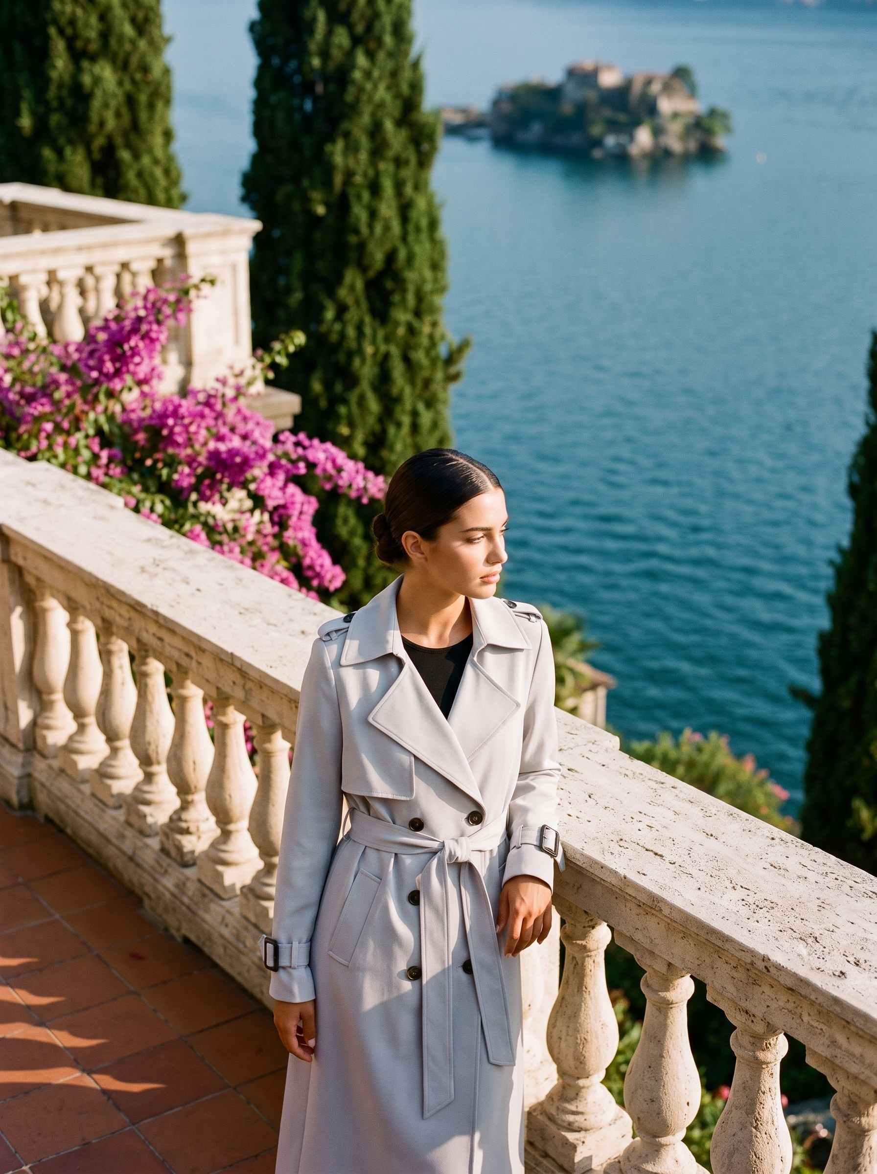 Woman wearing a dove-grey double-breasted belted trench coat on a Lake Como terrace — Aveloire