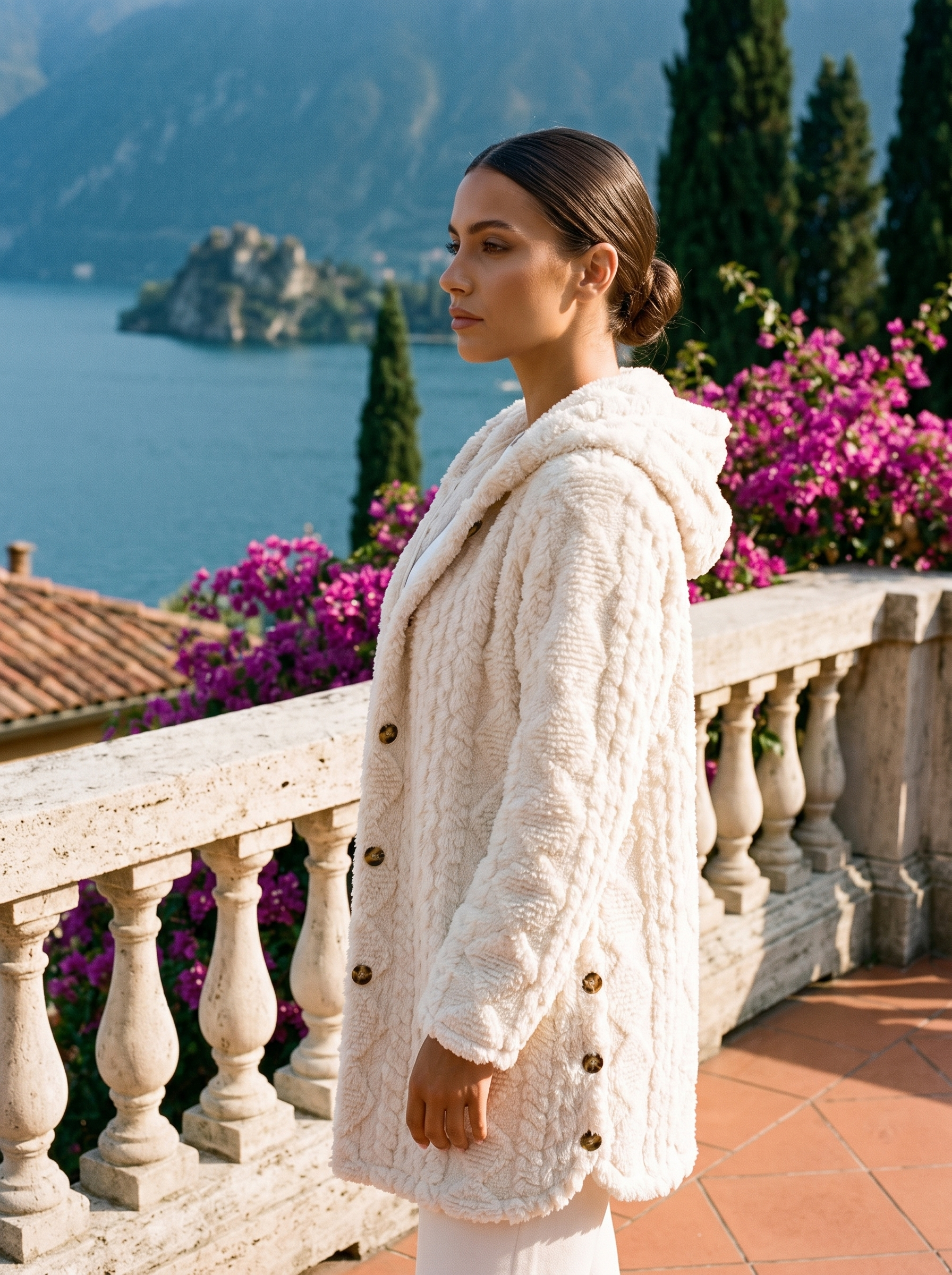 Woman wearing an ivory plush hooded longline cardigan on a Lake Como terrace — Aveloire