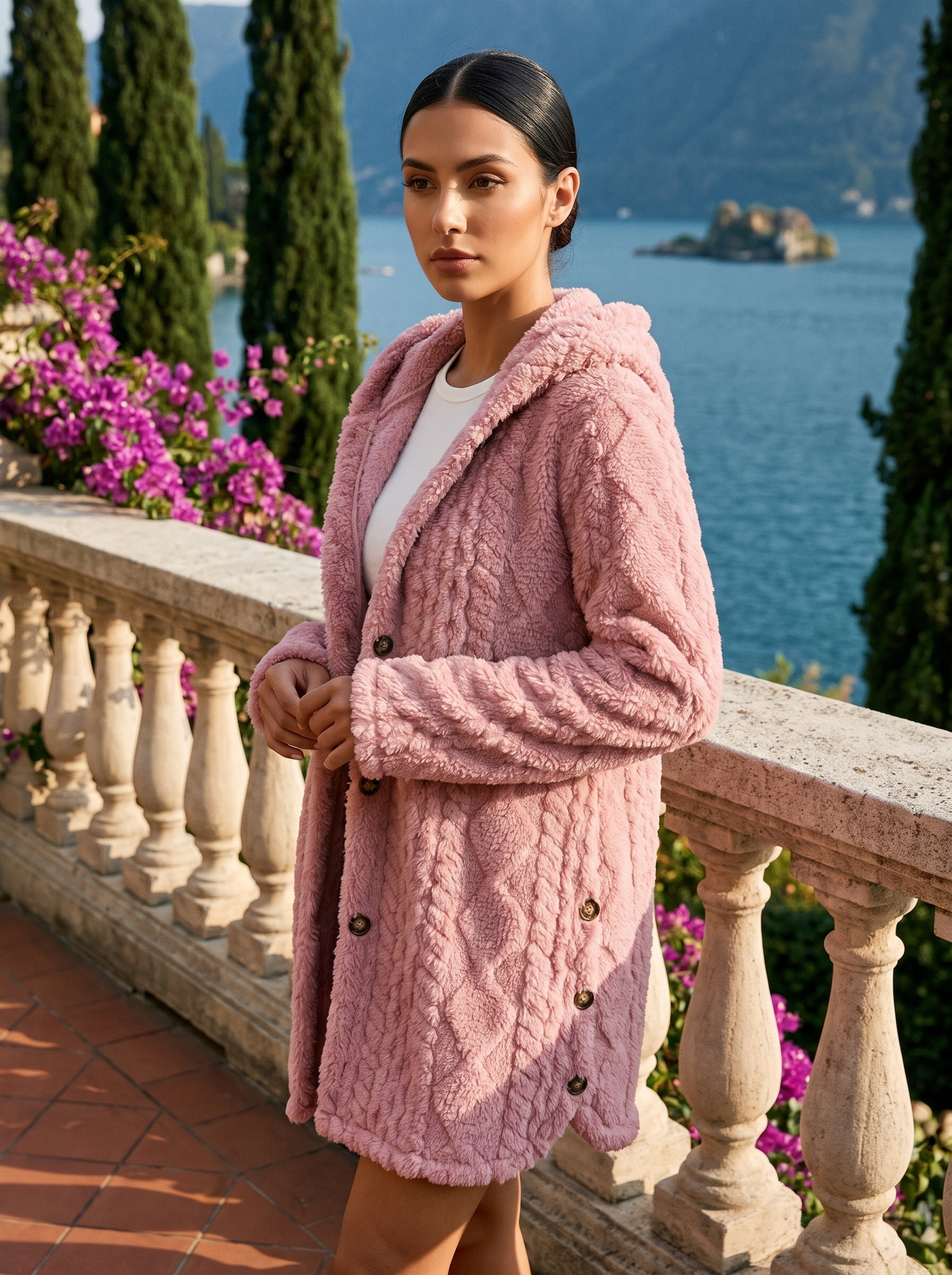 Woman wearing a dusty-rose plush hooded longline cardigan on a Lake Como terrace — Aveloire