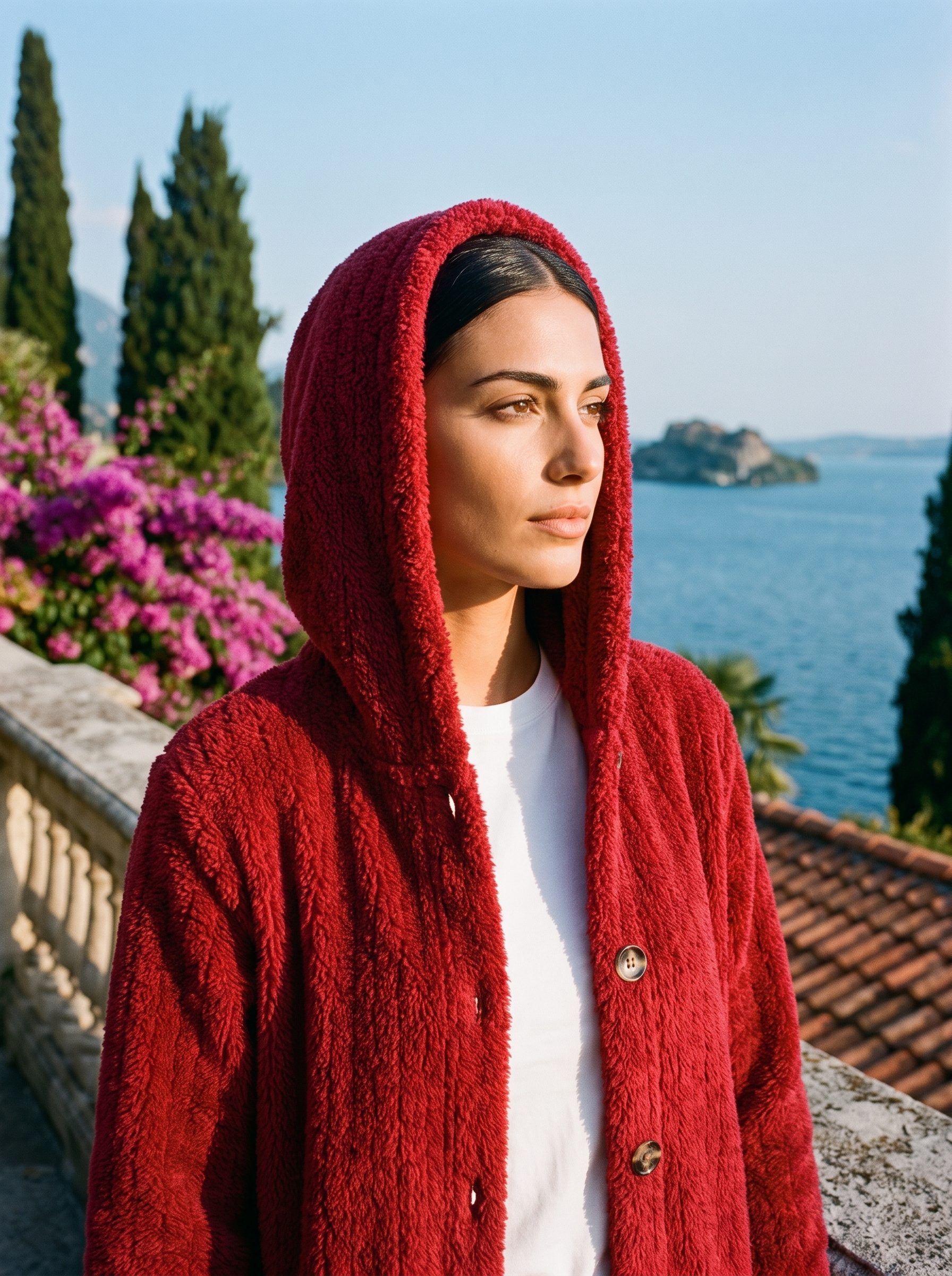 Woman wearing a red hooded cardigan on a terrace overlooking Lake Como, old money style — Aveloire