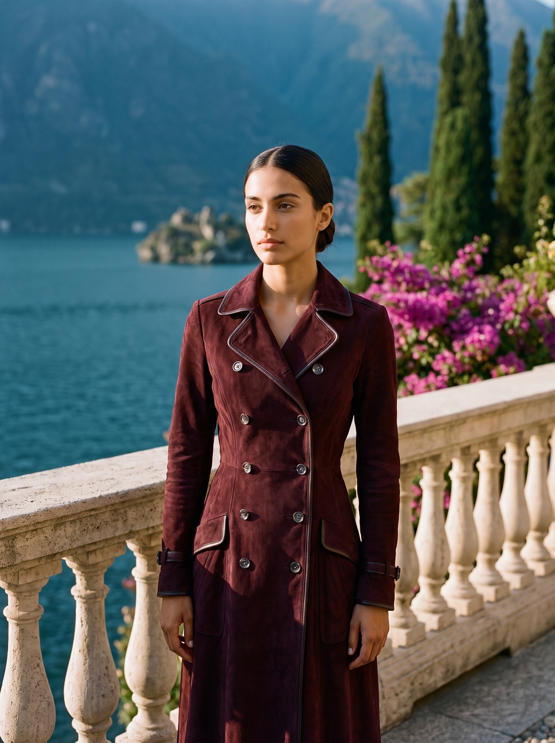 Woman wearing deep wine red suede double-breasted trench coat on a Lake Como terrace