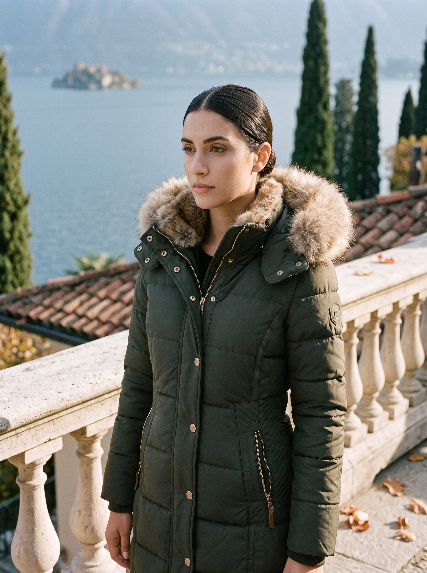 Army green long puffer coat for women, worn on a Lake Como terrace — Aveloire