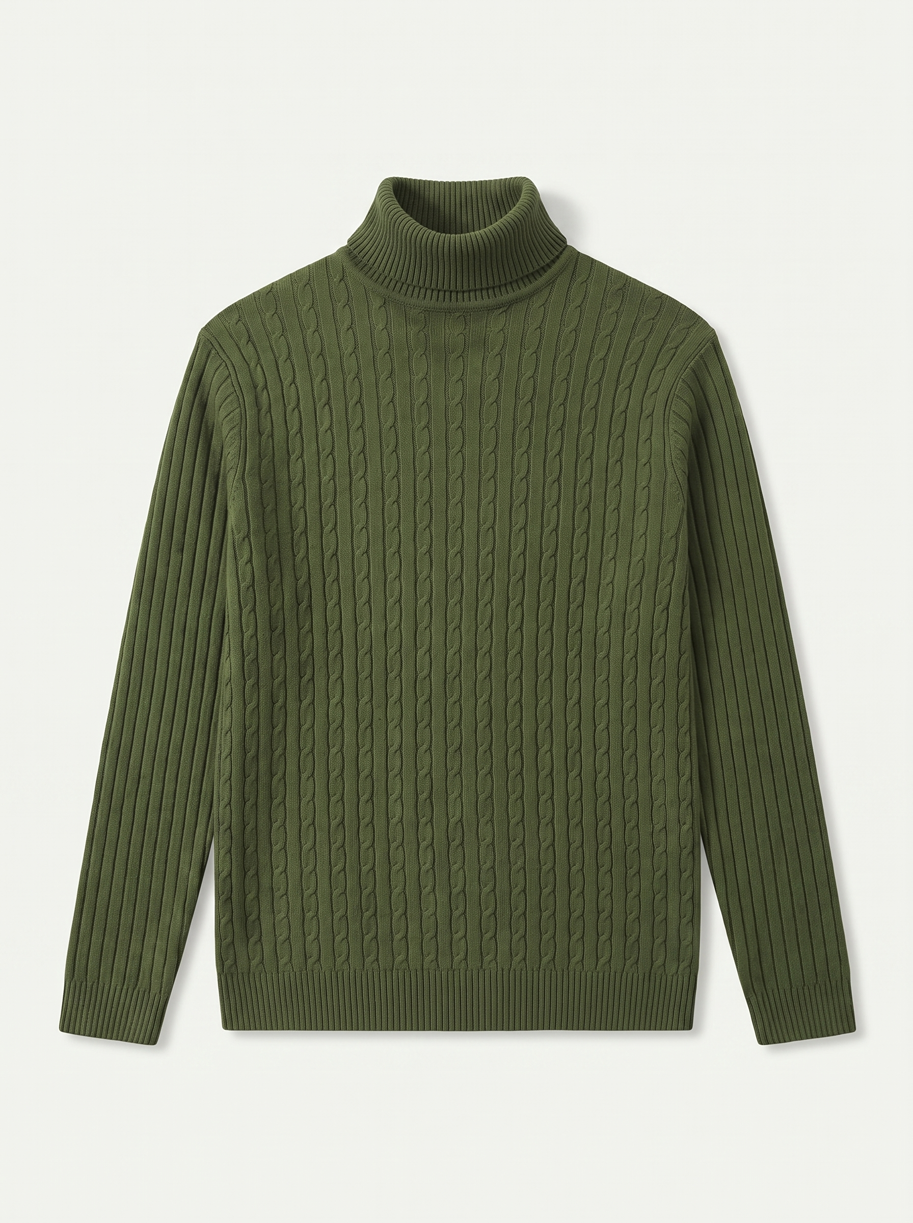 Army green cable knit turtleneck sweater flat lay product photo — Aveloire