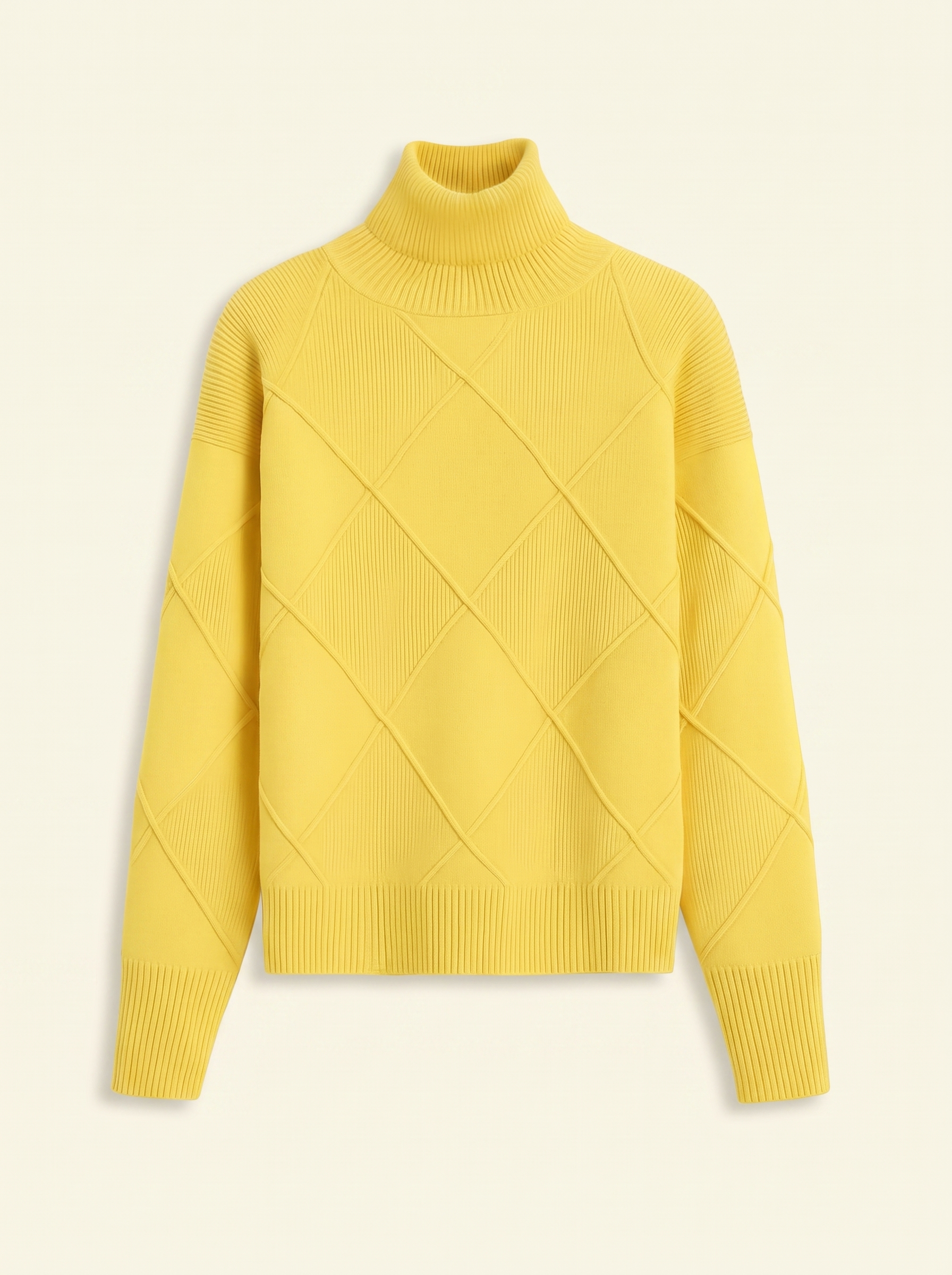Yellow cable knit turtleneck sweater flat lay product photo — Aveloire