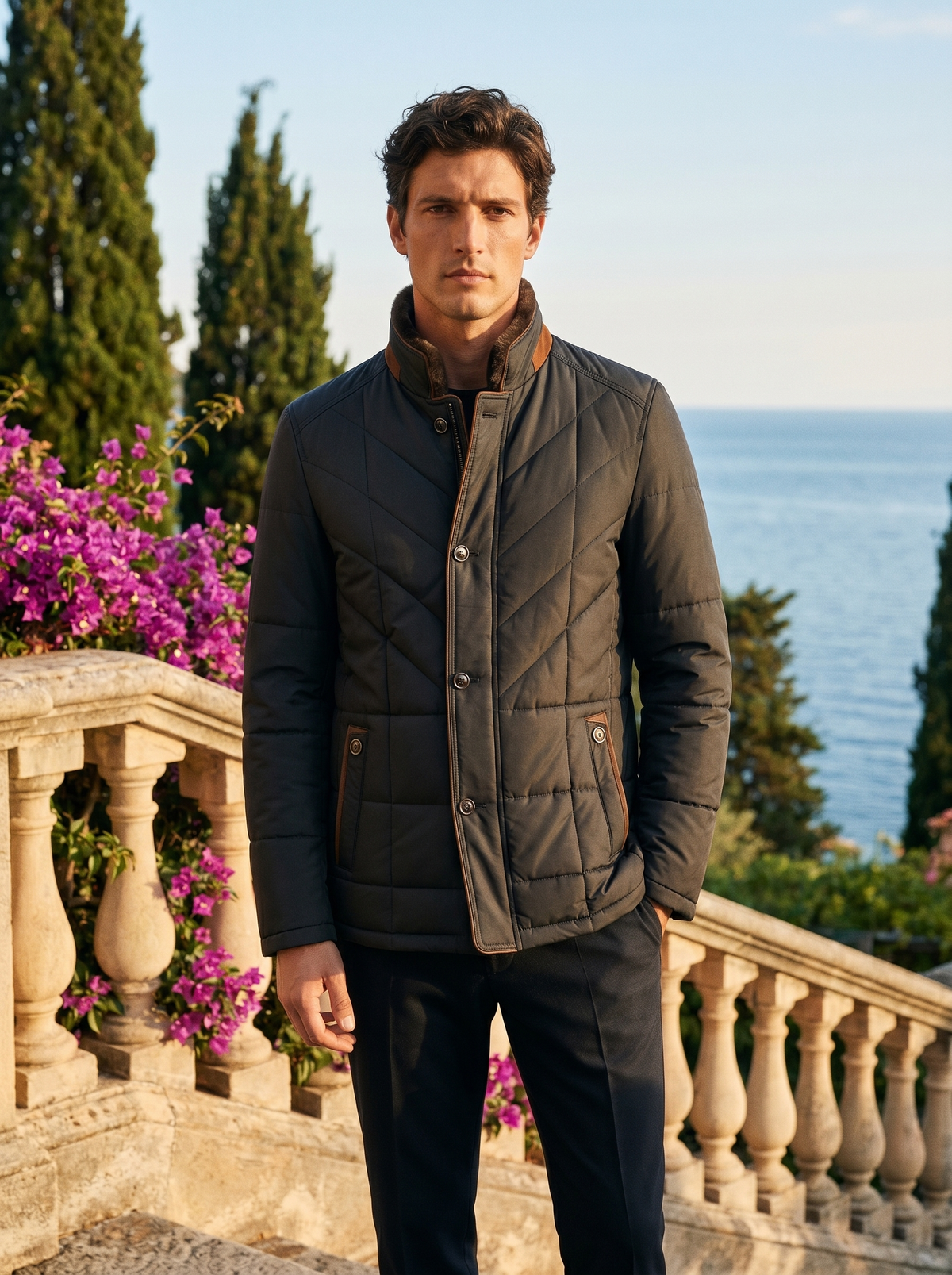 Dark gray quilted coat for men, worn on a Lake Como terrace — Aveloire
