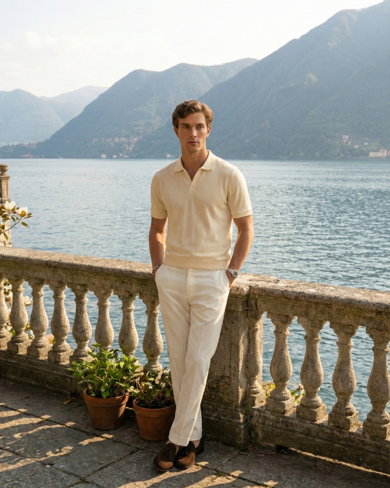 Men’s cream slim fit knit polo shirt styled for summer outfit