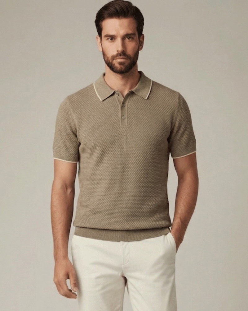 man in Beige cashmere knit polo shirt men front view short sleeve luxury polo

