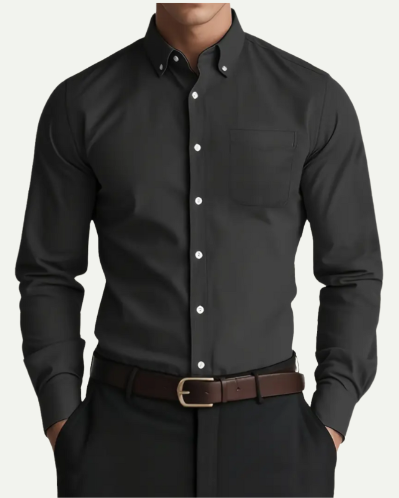 Men’s black linen button down shirt with stand collar