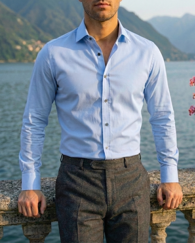 Men’s light blue slim fit button-up dress shirt with structured collar