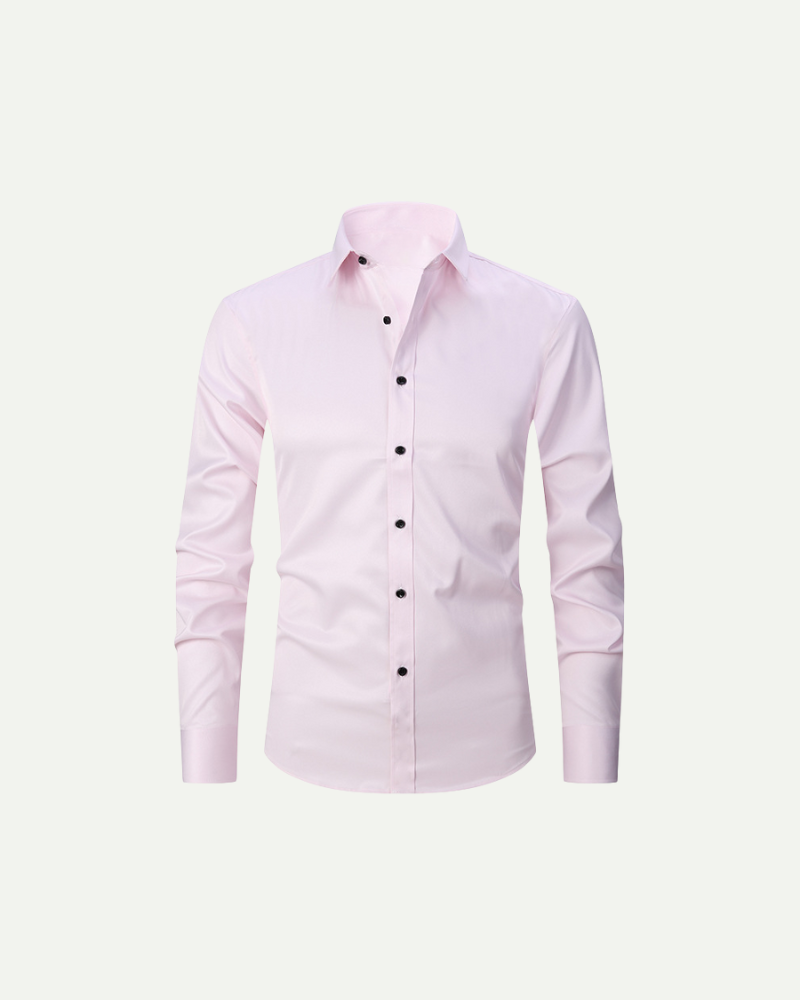 Men’s pink slim fit button-up dress shirt with structured collar