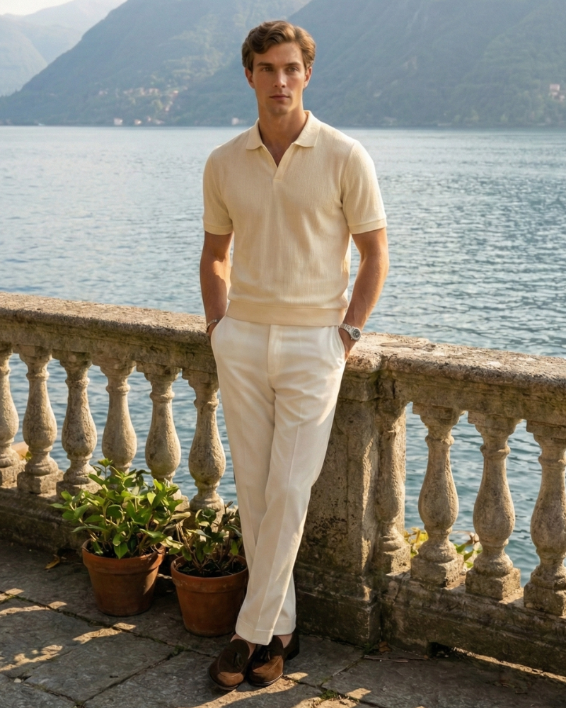 Men’s cream slim fit knit polo shirt styled with light trousers