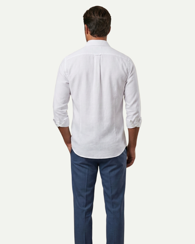 Back view of men’s white fitted button-up dress shirt