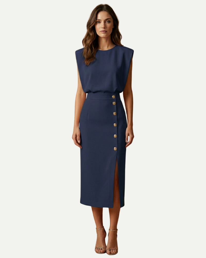 female model wearing navy sheath midi dress minimalist style Lubomirske
