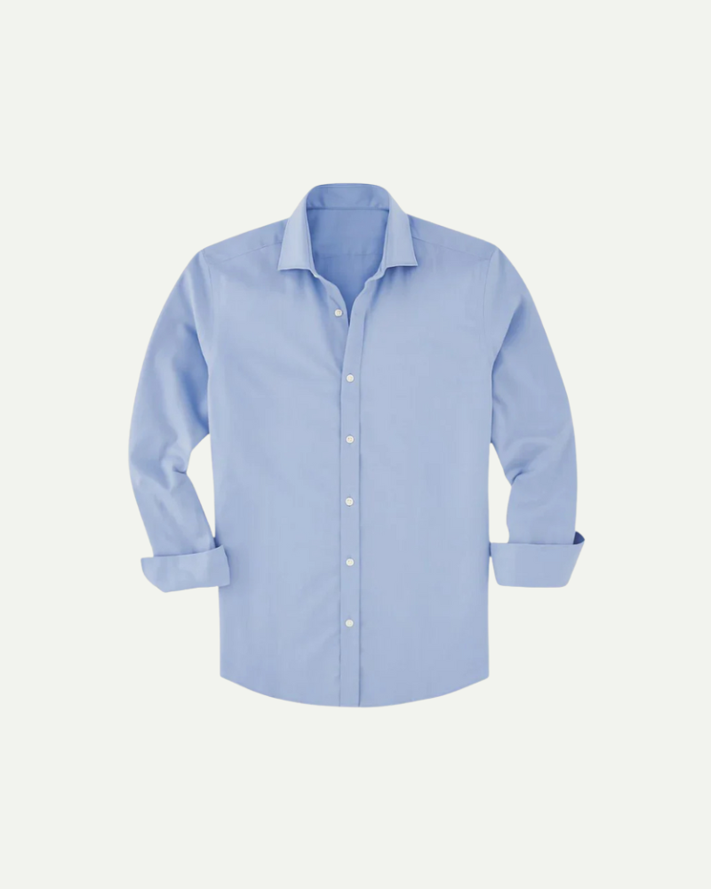 Men’s light blue fitted button-up dress shirt with structured collar