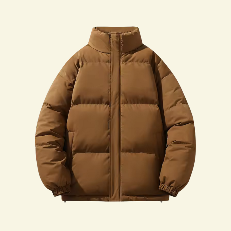 Brown puffer jacket for men, front product shot on a neutral background — Aveloire