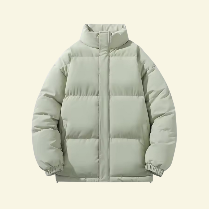 Sage green puffer jacket for men, front product shot on a neutral background — Aveloire