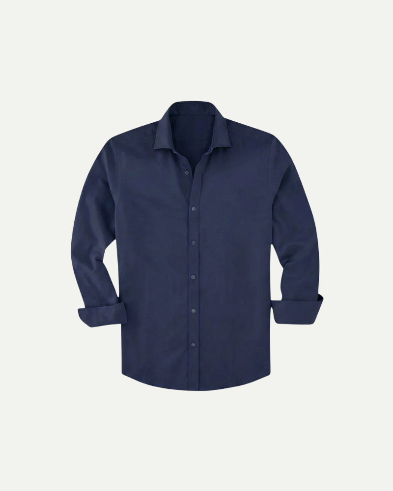 Men’s navy fitted button-up dress shirt with structured collar
