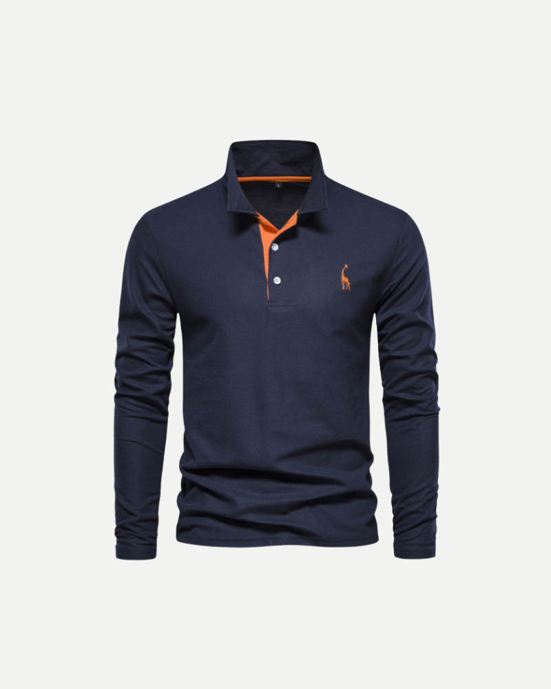 Men’s navy long sleeve polo shirt with embroidered logo and classic collar by Aveloire