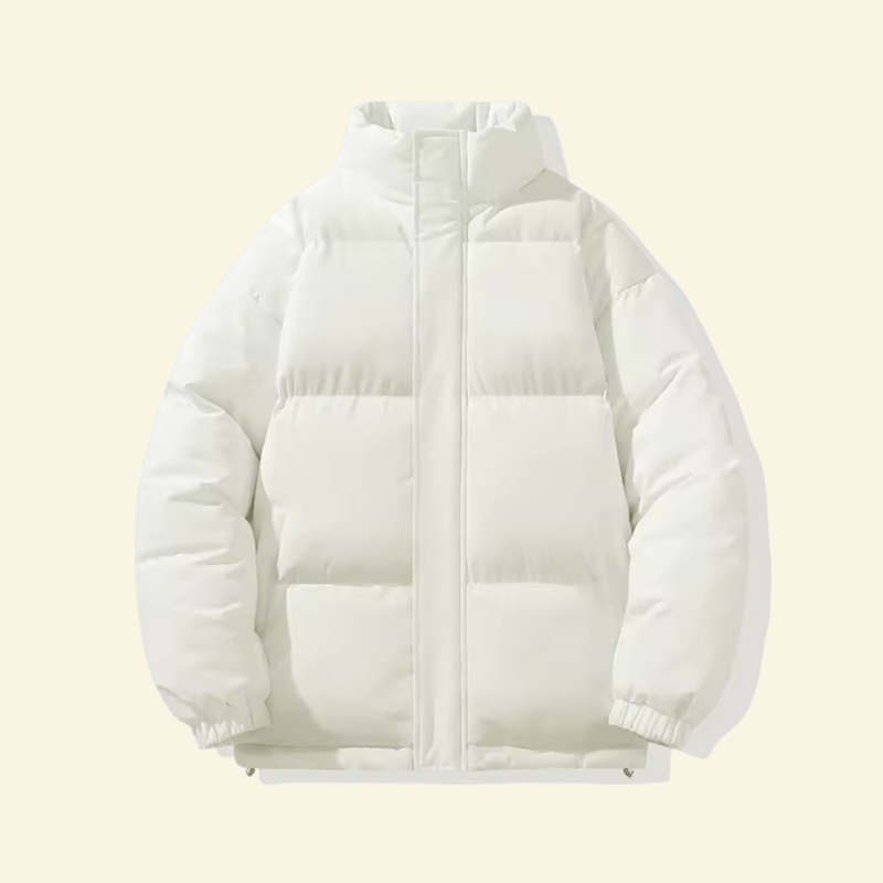 Cream puffer jacket for men, front product shot on a neutral background — Aveloire