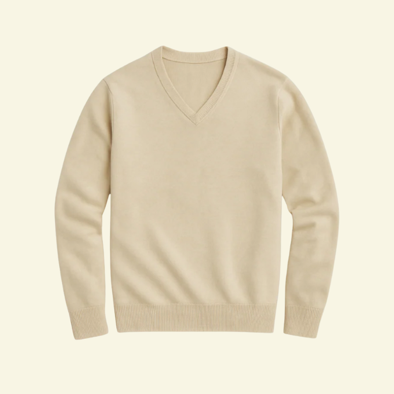 Beige wool v neck sweater for men, flat product shot on a neutral background — Aveloire
