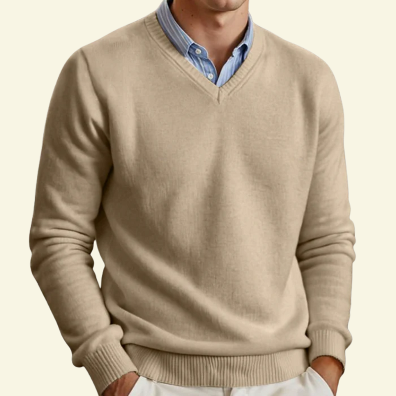 Beige wool v neck sweater for men, layered over a collared shirt — Aveloire