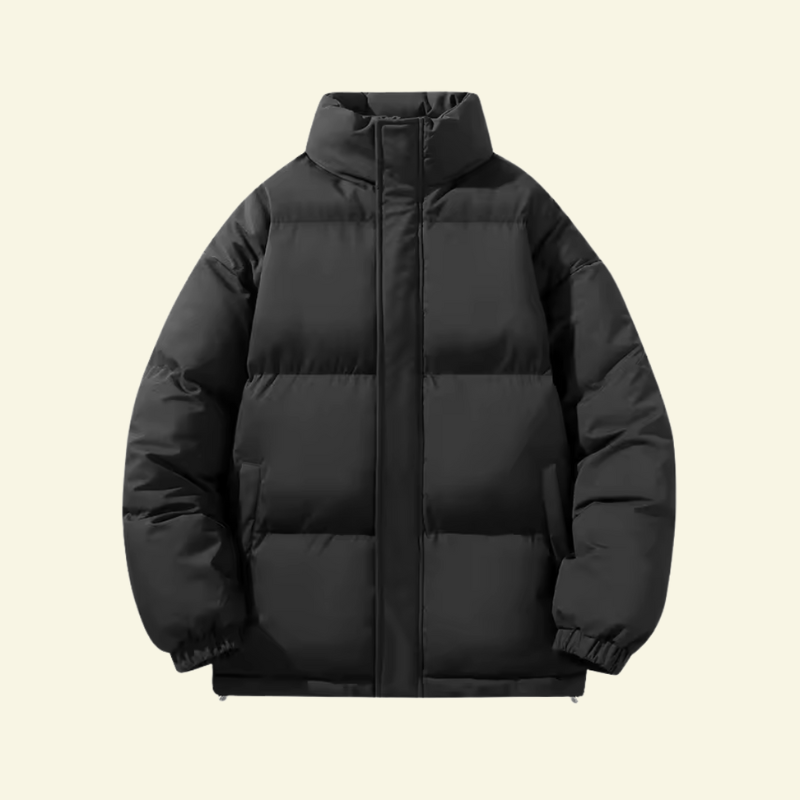 Black puffer jacket for men, front product shot on a neutral background — Aveloire