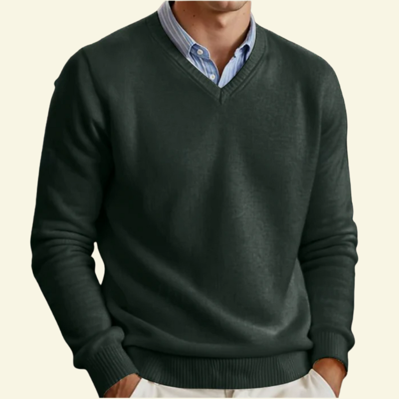 Dark green wool v neck sweater for men, layered over a collared shirt — Aveloire