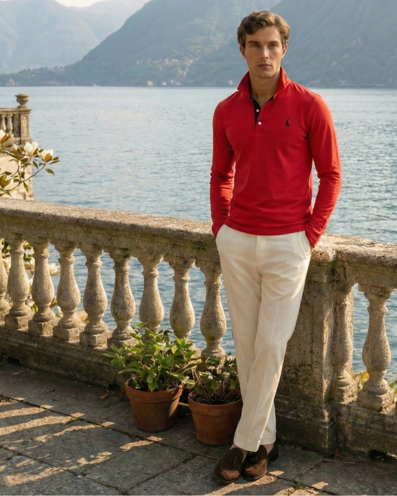 Men’s red long sleeve embroidered polo shirt with classic collar
