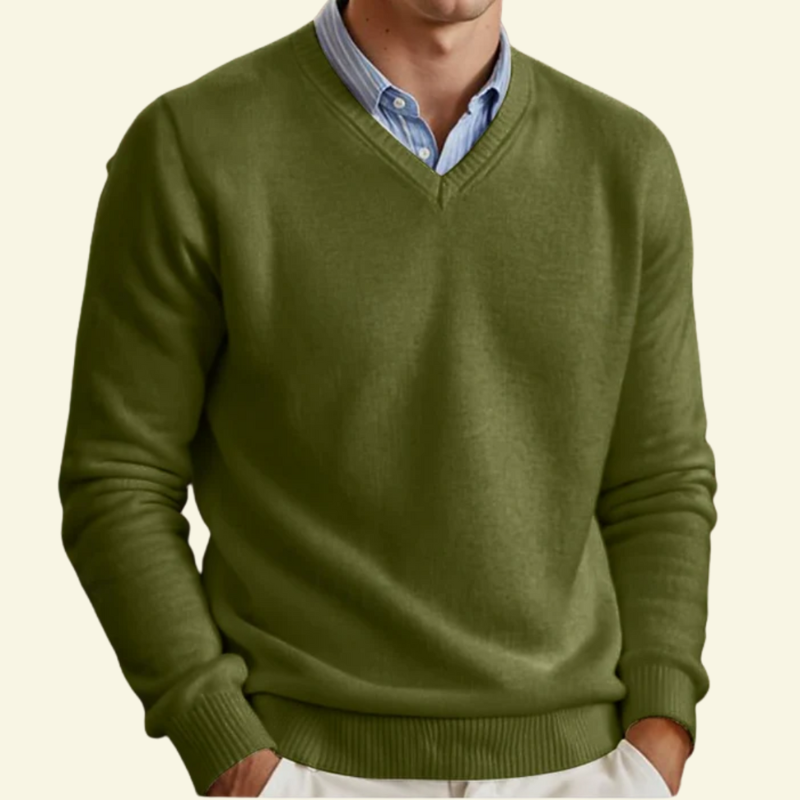 Olive wool v neck sweater for men, layered over a collared shirt — Aveloire