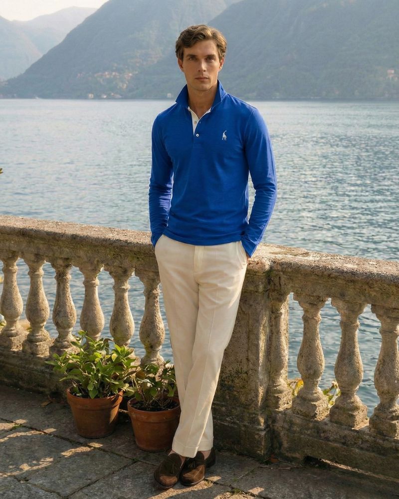 Men’s navy long sleeve polo shirt styled for casual smart outfit