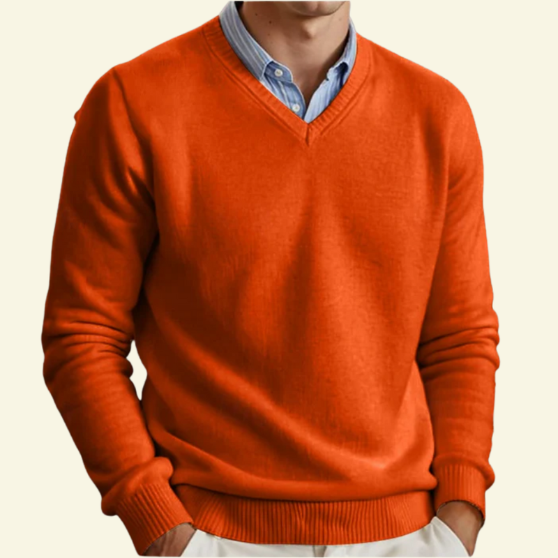 Rust wool v neck sweater for men, layered over a collared shirt — Aveloire