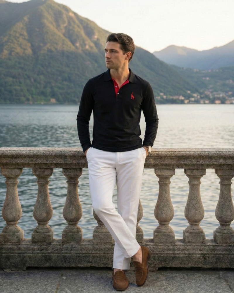 Men’s black long sleeve embroidered polo shirt with classic collar