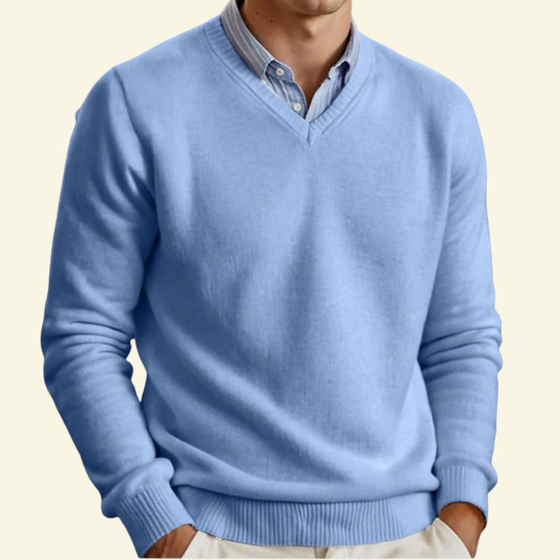 Light blue wool v neck sweater for men, layered over a collared shirt — Aveloire