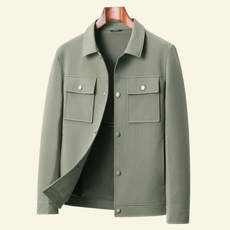 Olive shirt jacket for men, front product shot with chest flap pockets — Aveloire