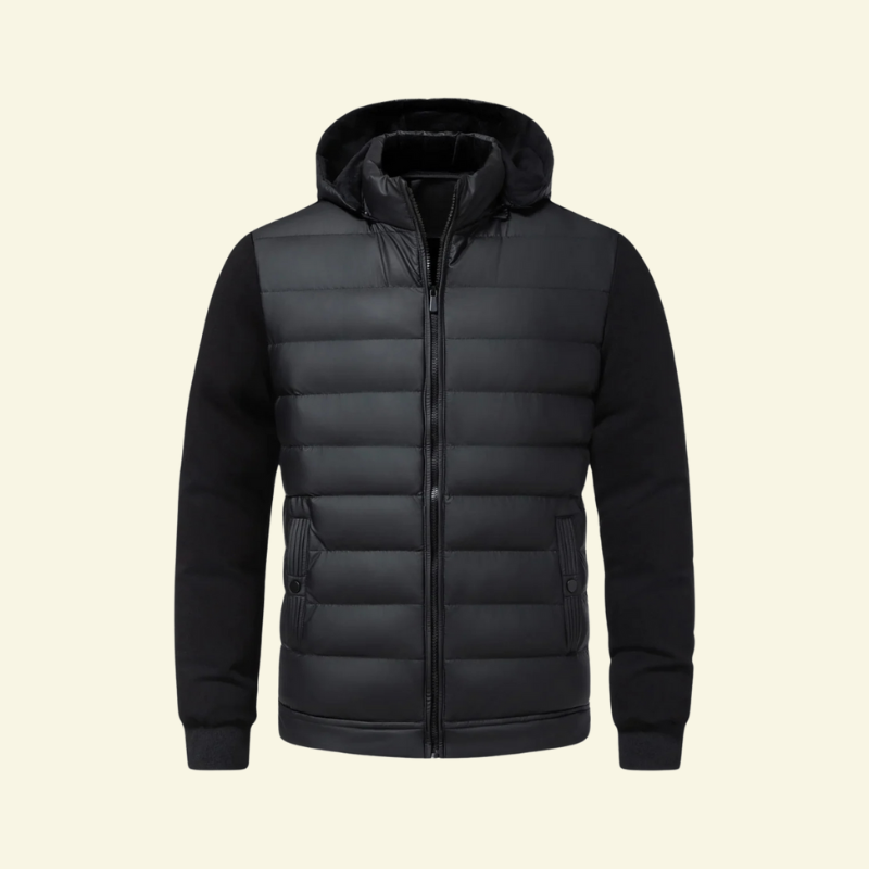 Black down puffer jacket for men, front product shot on a neutral background — Aveloire