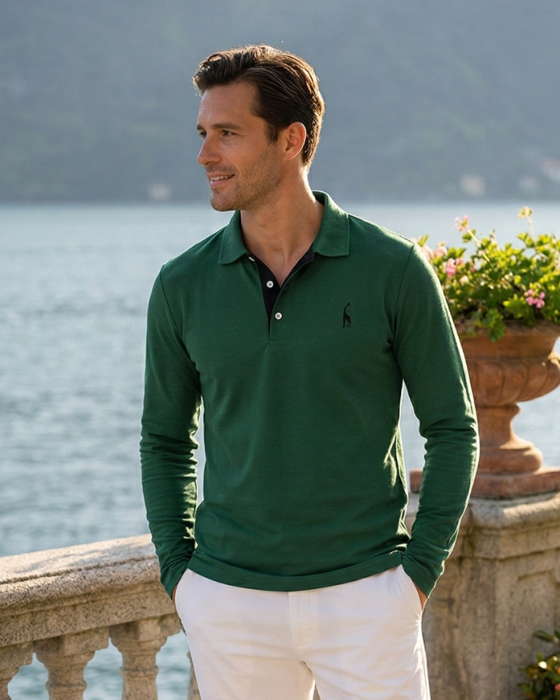 Men’s green long sleeve embroidered polo shirt with classic collar