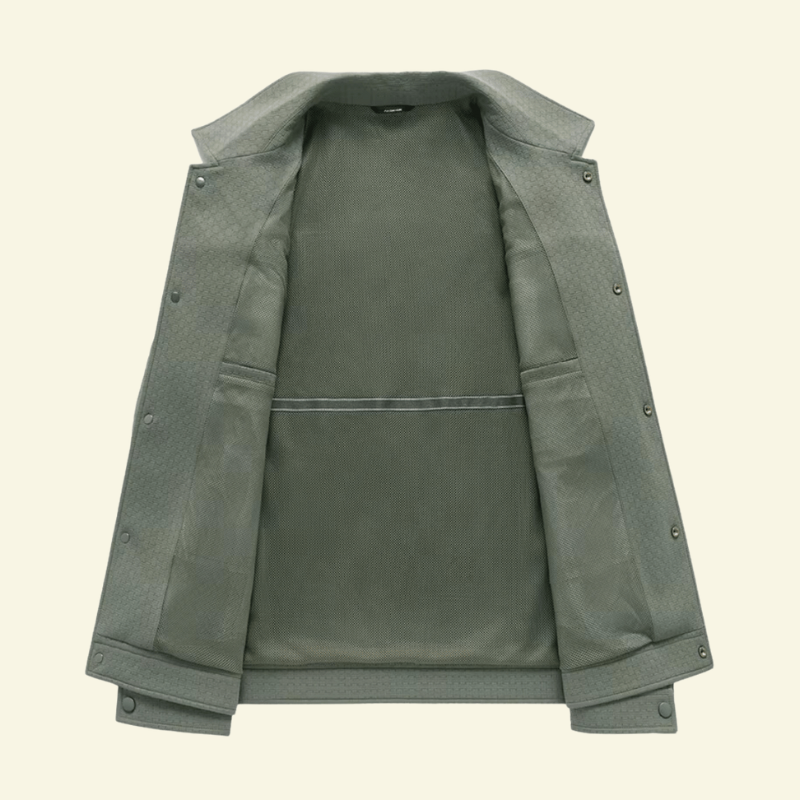 Olive shirt jacket for men, opened to show the soft lining — Aveloire
