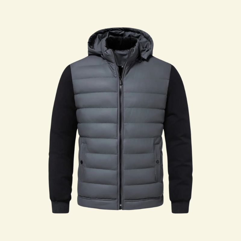 Gray down puffer jacket for men with contrast darker sleeves, front product shot — Aveloire