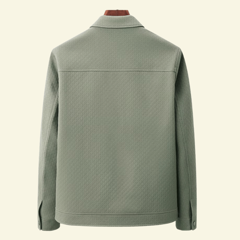 Olive shirt jacket for men, back product shot — Aveloire