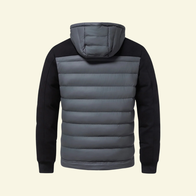 Gray down puffer jacket for men with contrast darker sleeves, back product shot — Aveloire