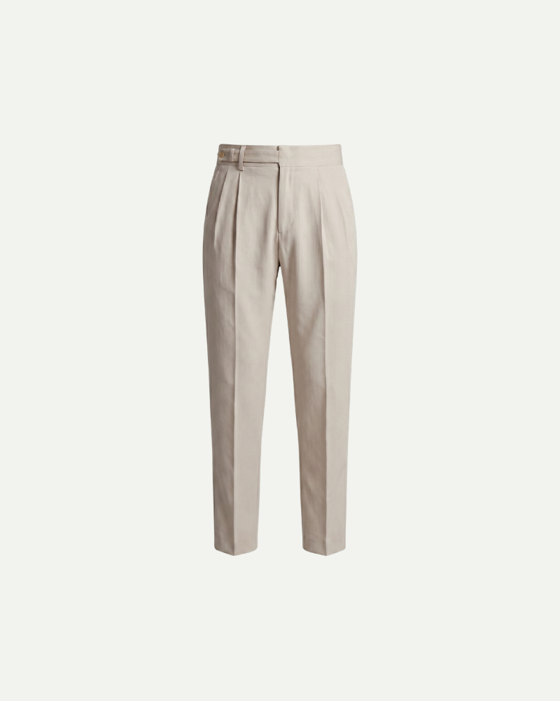 Men tailored dress trousers beige pleated straight fit product image front view
