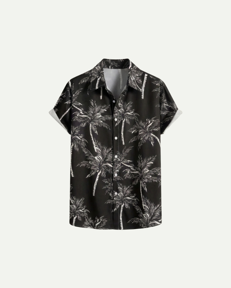 Men’s black Hawaiian short sleeve shirt with palm print and relaxed fit by Aveloire