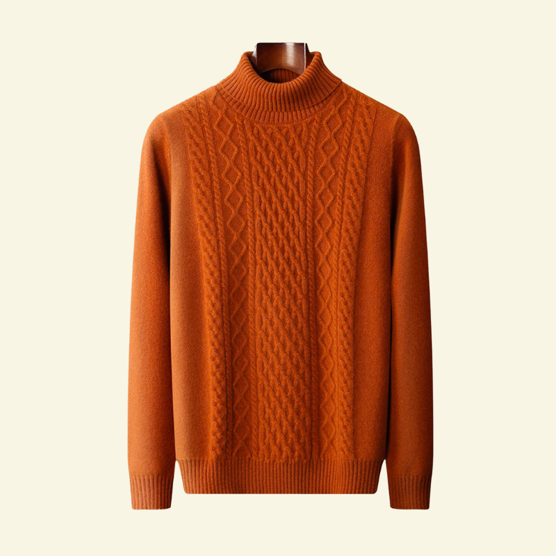 Dark orange wool cable knit turtleneck sweater flat lay, front view — Aveloire