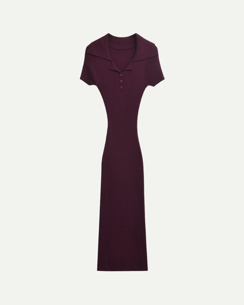 Women’s burgundy ribbed fitted polo midi dress with short sleeves by Aveloire