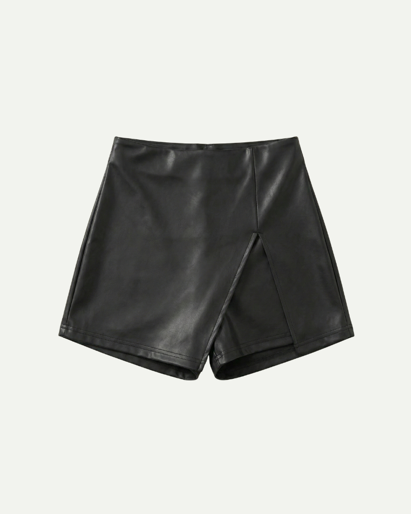 Women’s high rise black skort with elegant wrap front and tailored silhouette by Aveloire