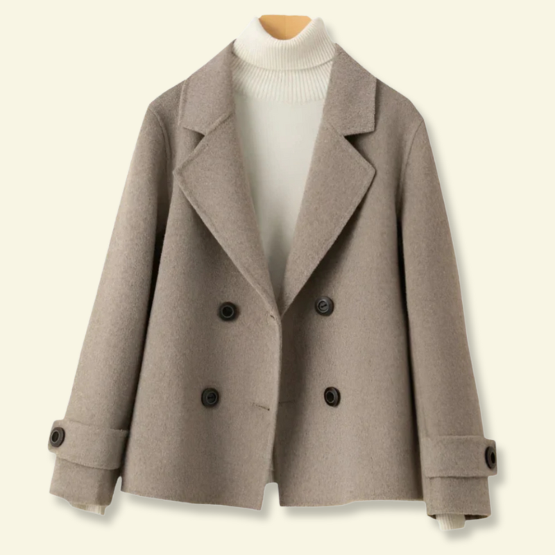 Oatmeal ladies overcoat, short double breasted, front product shot — Aveloire