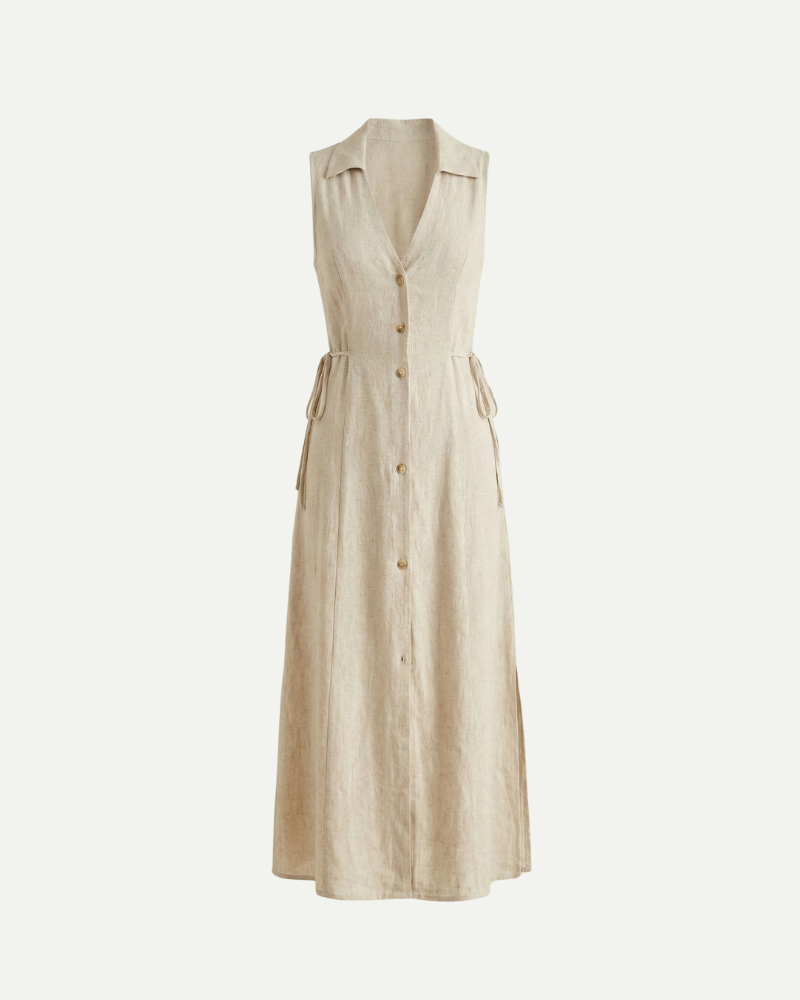 Women’s beige linen sleeveless shirt dress with button front and A-line silhouette by Aveloire
