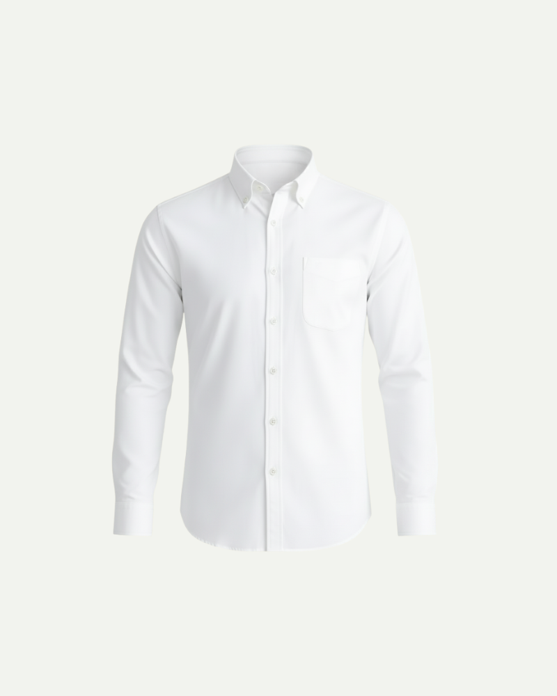 Men’s white linen button down shirt with stand collar by Aveloire