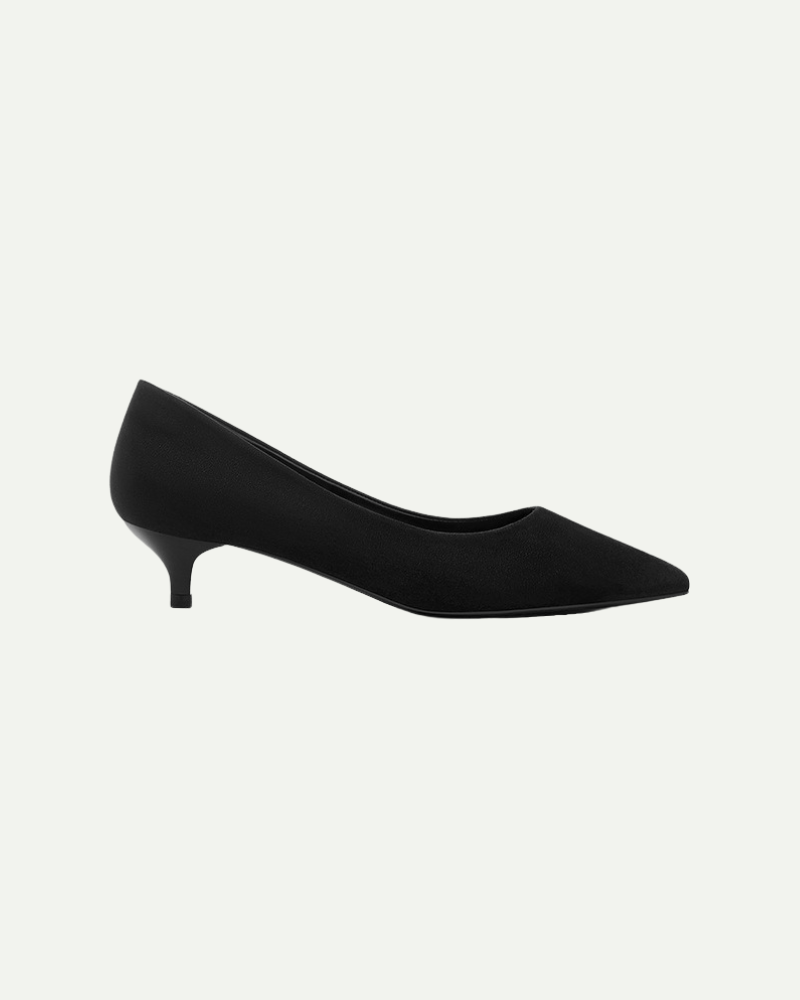 Women’s black suede pointed toe kitten heel pumps with low profile silhouette by Aveloire